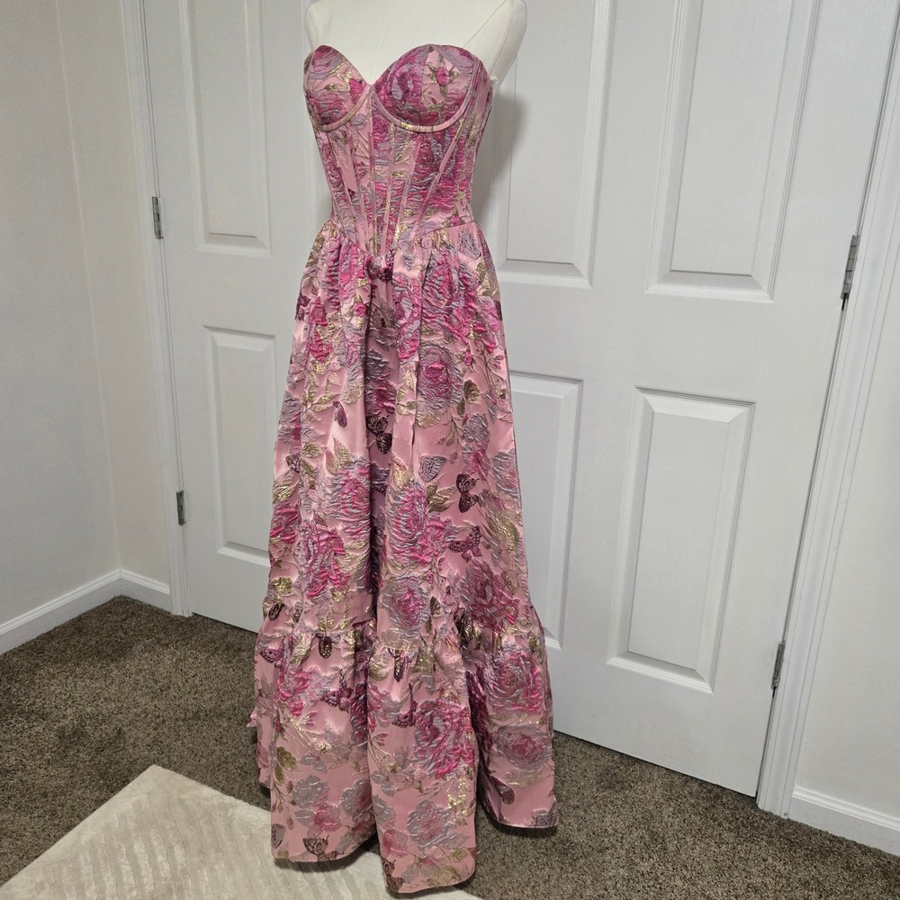 Sherri Hill Gown Womens 2 Pink Gold Floral Butterfly Brocade Corset Ball Gown